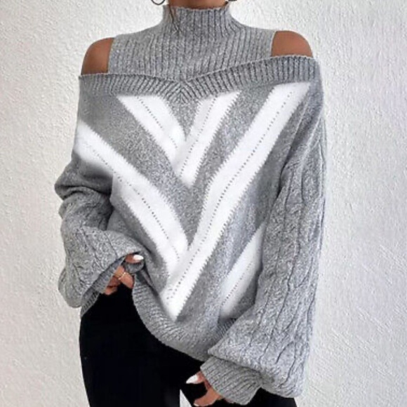 Oversized Cable Knit Sweater Sexy Boho Chic Grey/ White Off Shoulder Size 4X - Picture 11 of 12